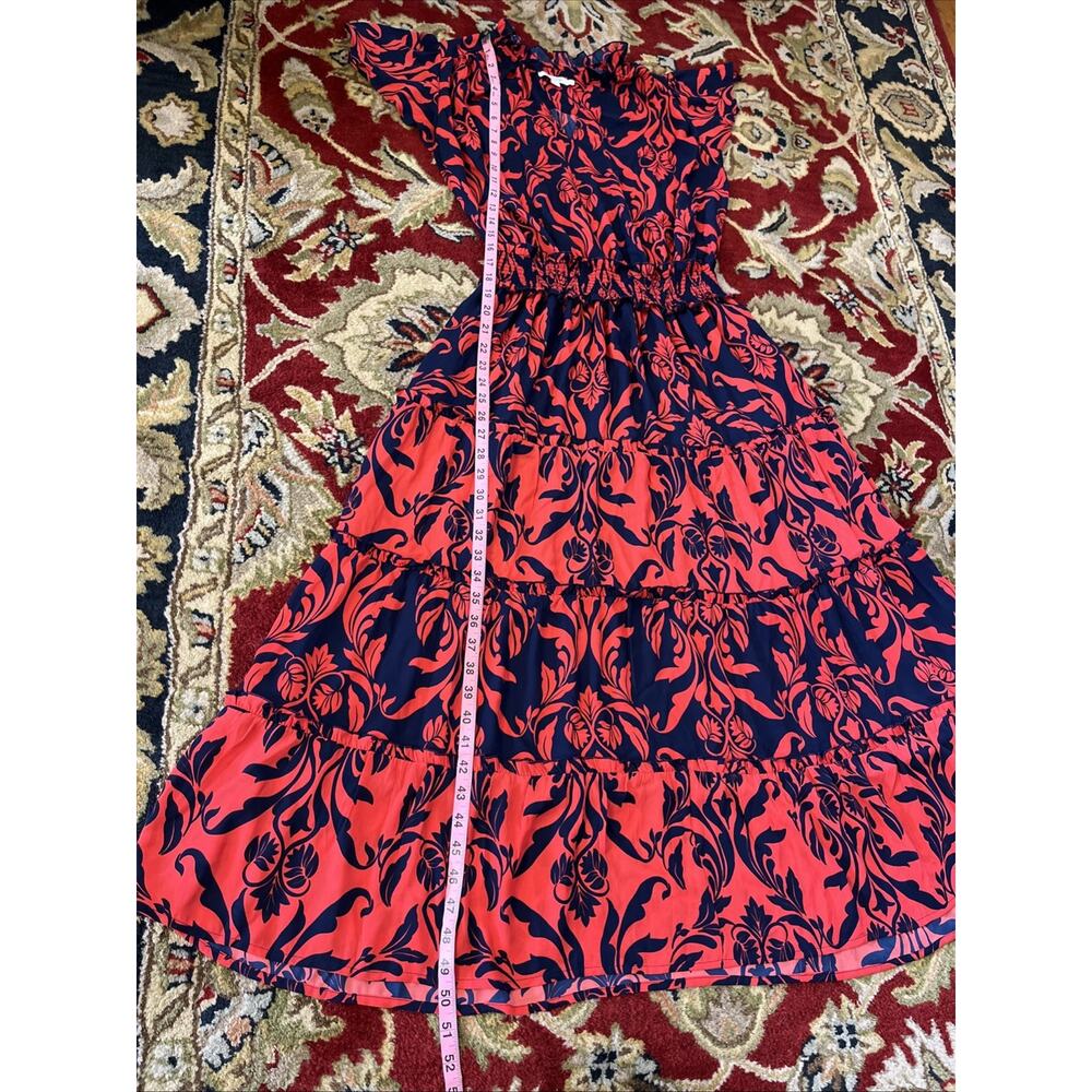 CHICOS Sz 0 Maxi Dress US 4 S Flutter Sleeve Smocked Waist Damask Floral Tier - Picture 8 of 11
